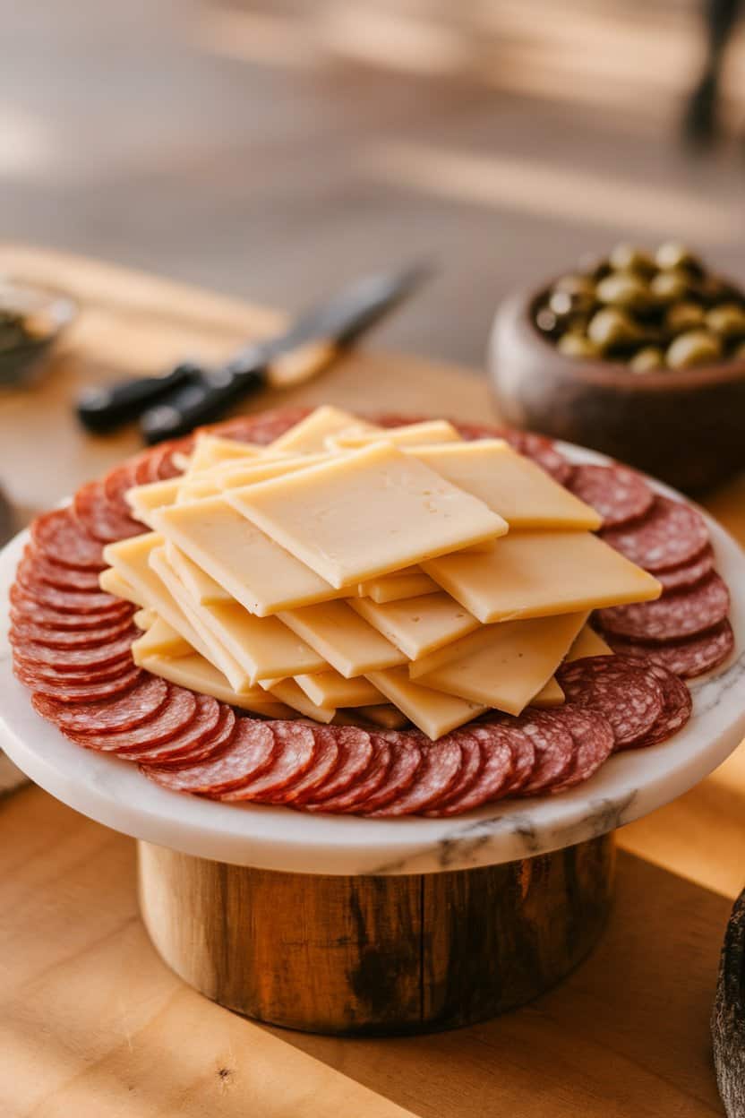 A warmly lit indoor scene showing square slices of pepper jack cheese interleaved with thin salami rounds on a marble platter. No visible logos or text