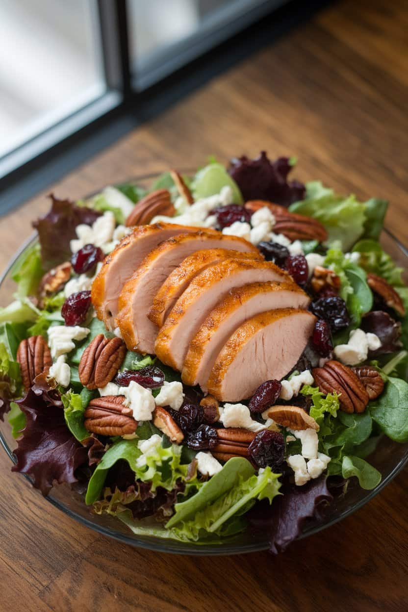Indoor tabletop with mixed greens topped by sliced roasted turkey breast, dried cranberries, pecans, and goat cheese crumbles. No text or logos