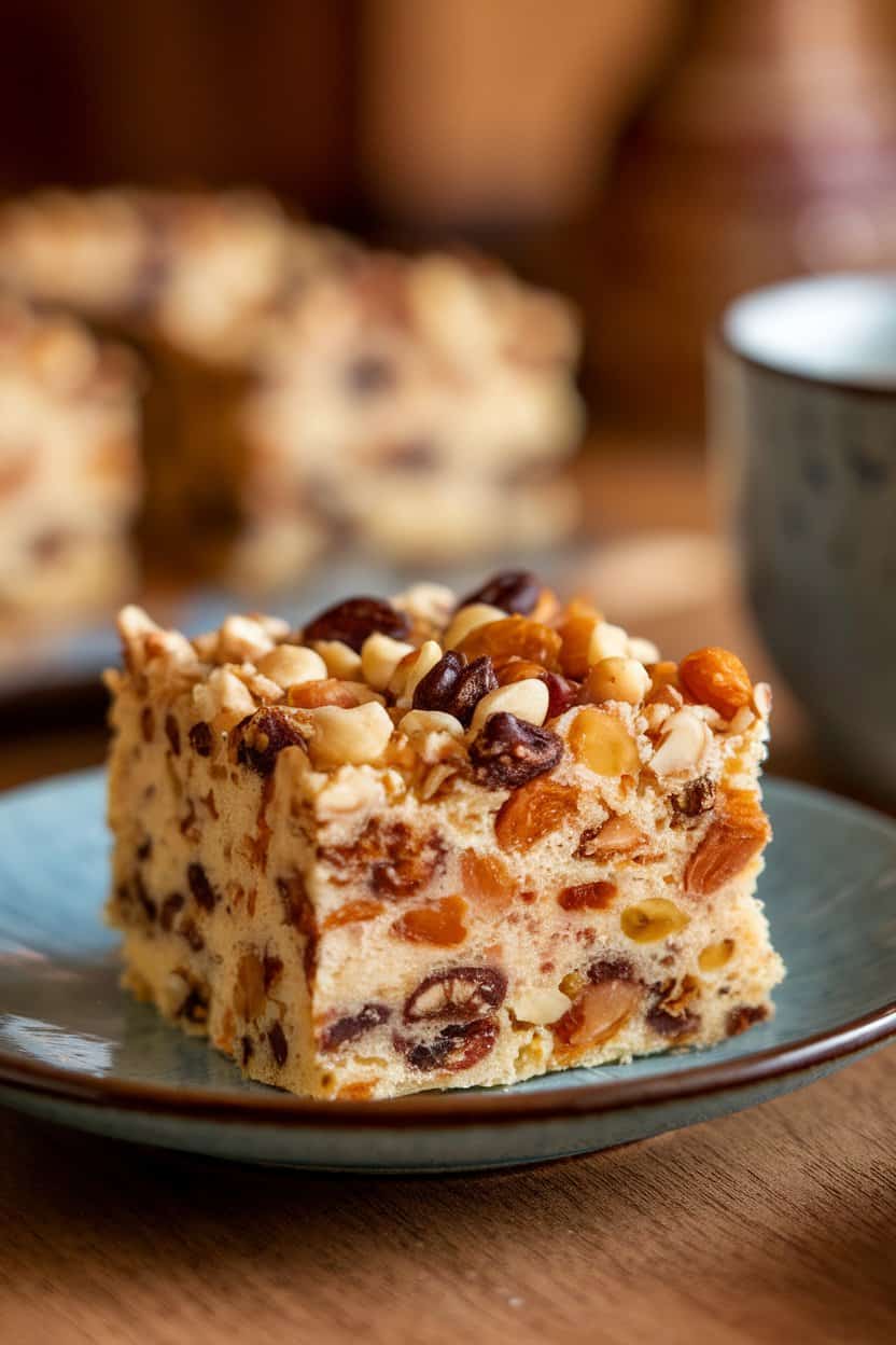 A square of moist snack cake packed with nuts, raisins, and chocolate chips on a plate indoors. No text or logos in frame. Photo only.