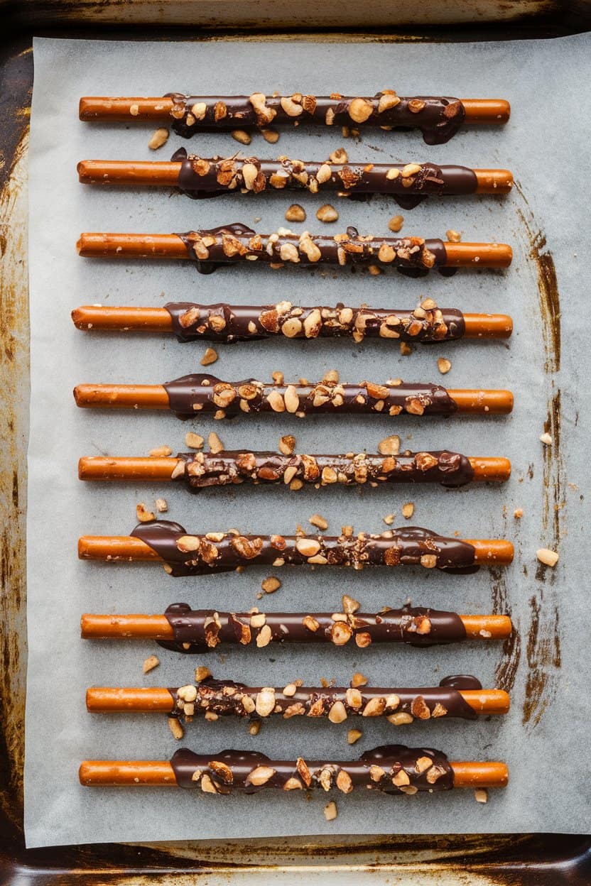A parchment-lined indoor baking sheet with rows of pretzel rods half-dipped in glossy dark chocolate and sprinkled with chopped nuts. No text or logos on sheet or utensils.