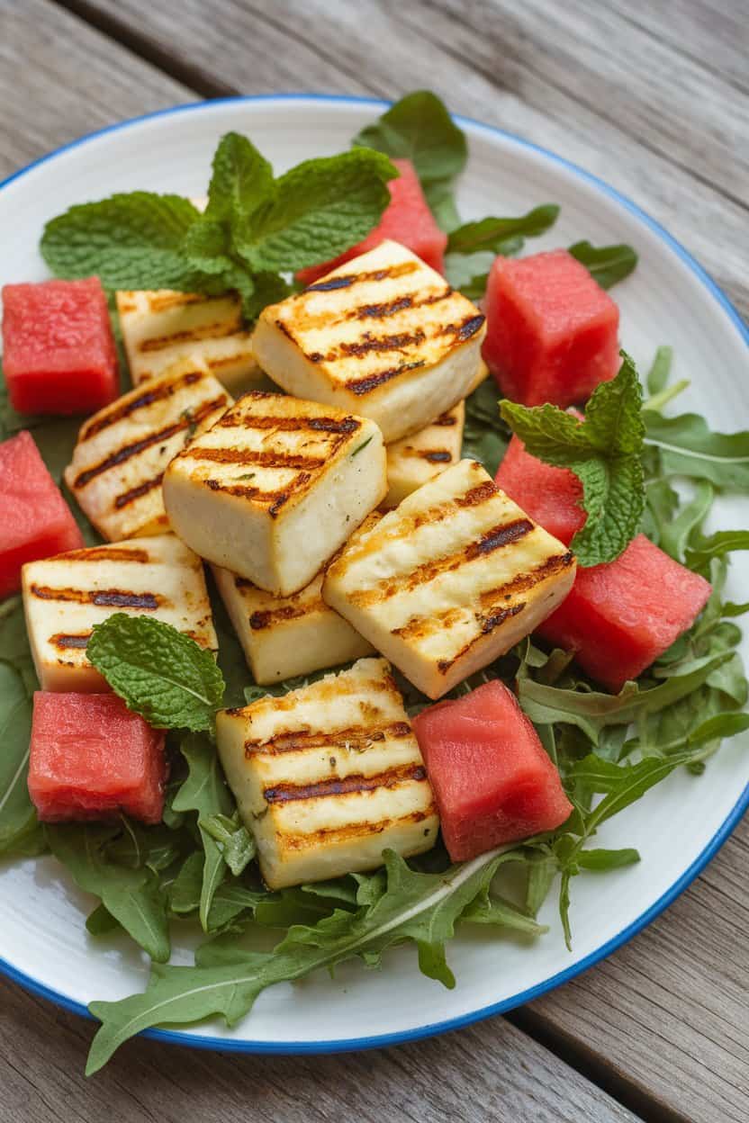 Indoor plate of golden grilled halloumi cubes with watermelon chunks, mint leaves, and arugula. No logos or text.