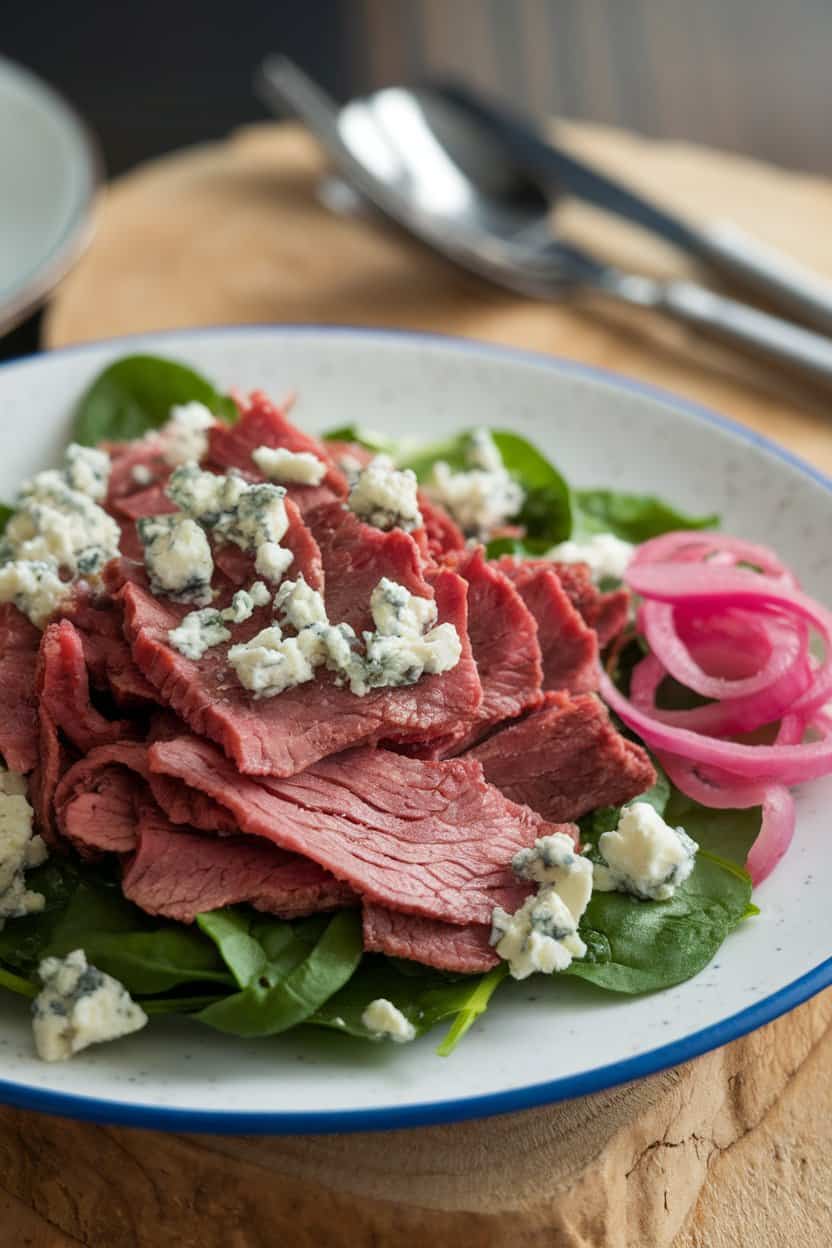 Indoor plate with thin roast-beef ribbons, baby spinach, crumbled blue cheese, and pickled red onions. No logos or text.