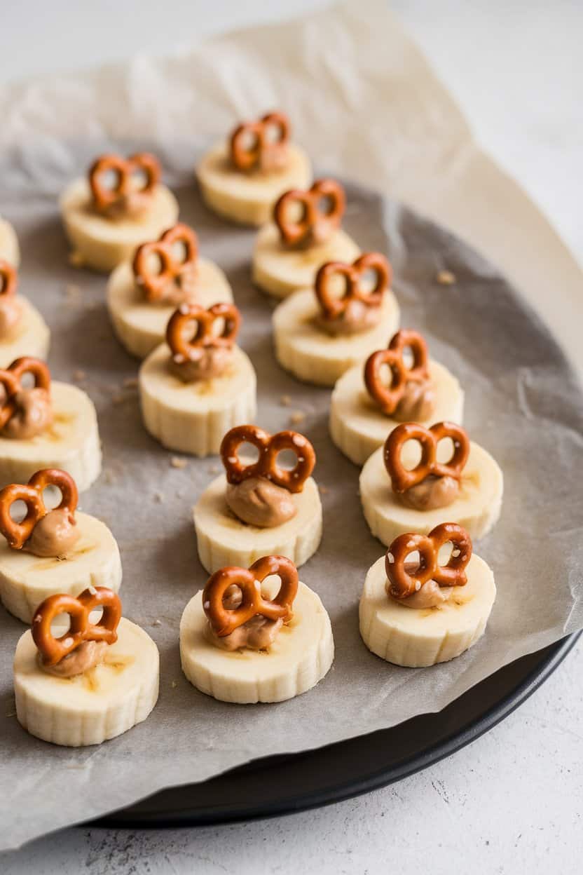 Indoor scene featuring banana slices topped with tiny dollops of peanut butter, each capped with a mini pretzel, lined up on parchment paper. No branding in view.