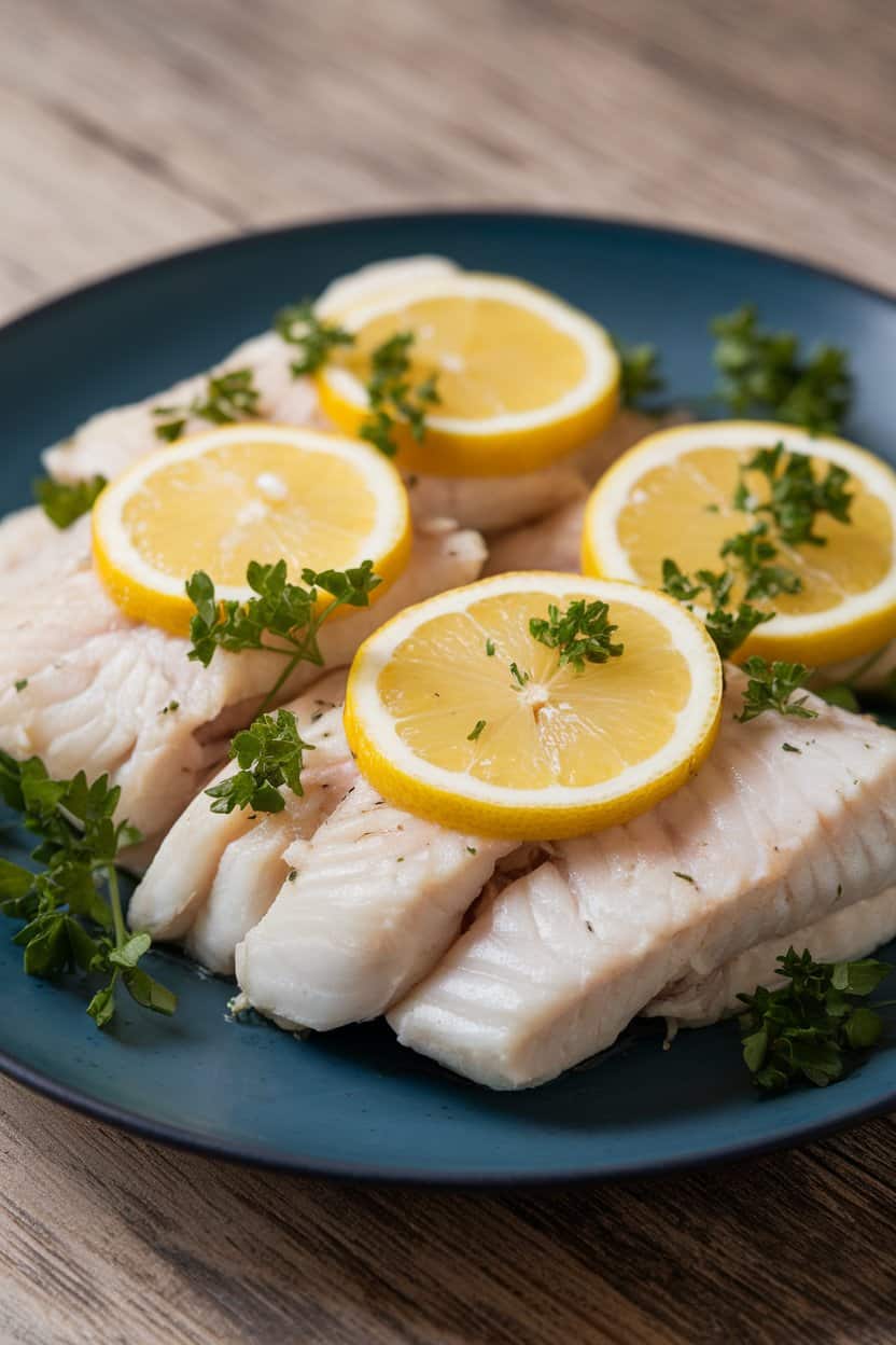 : Indoor plate of flaky cooked white fish fillets topped with lemon slices and fresh parsley. No raw fish, no text or logos.
