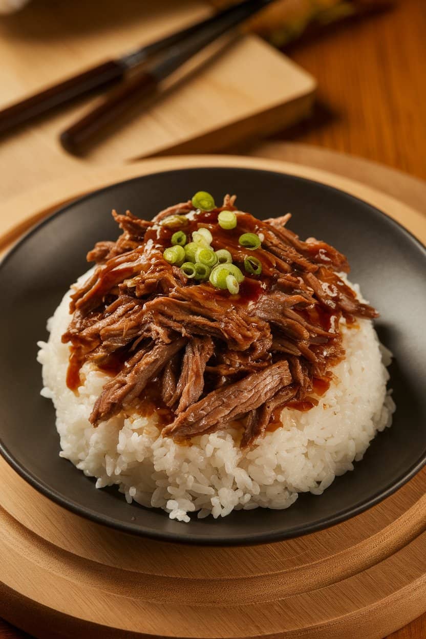 Indoor scene with shredded beef atop steamed rice, glossy soy glaze visible. No text or branding.