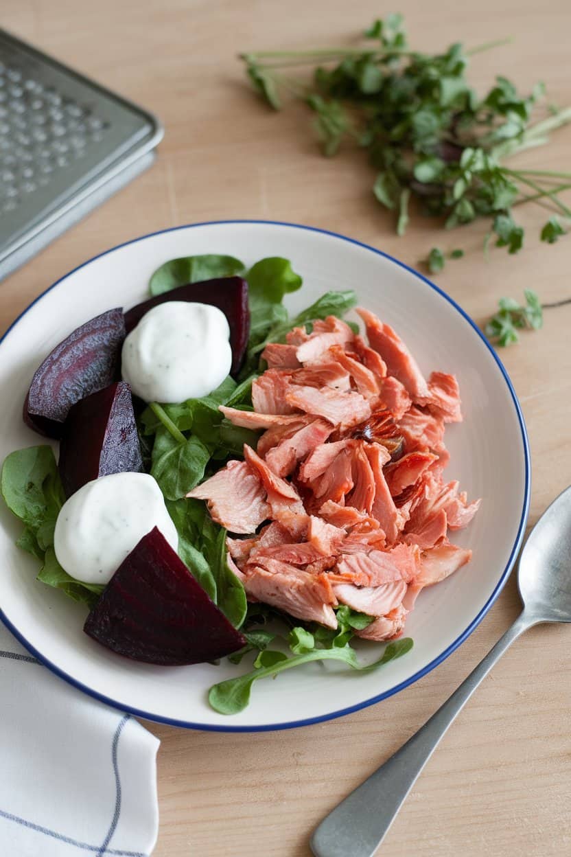 Indoor image of flaked smoked mackerel, roasted beet wedges, baby greens, and horseradish yogurt dollops. No logos