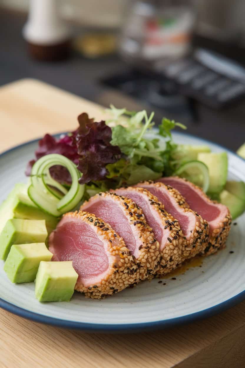 Indoor plate of sesame-crusted tuna cooked medium, sliced and arranged beside avocado cubes, cucumber ribbons, and mixed greens. No text or logos.
