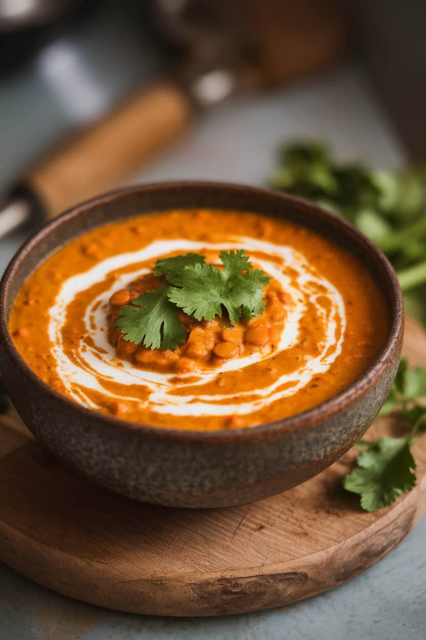 : An indoor tabletop shot of a rustic bowl filled with creamy red lentil curry swirled with coconut milk, cilantro sprinkled on top. No text or logos in frame.
