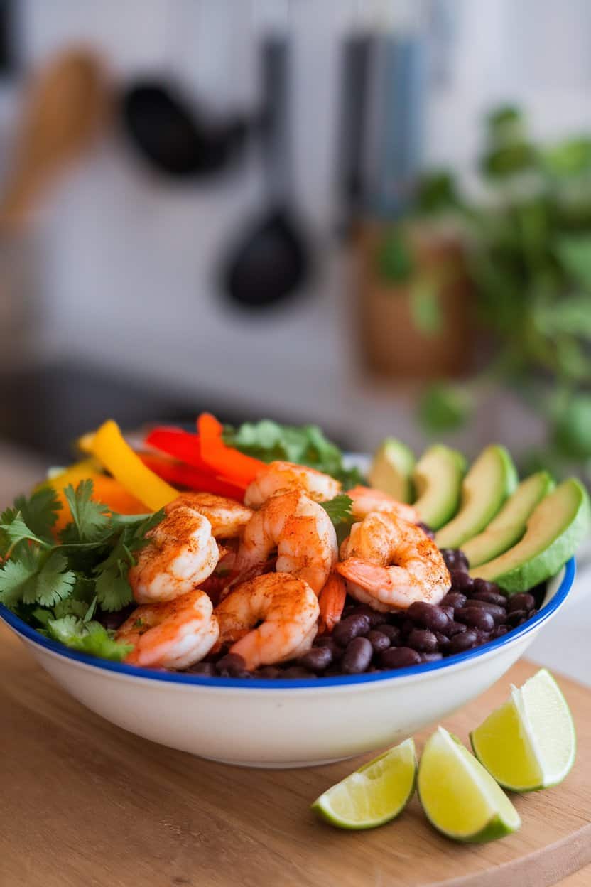 Indoor salad bowl containing cooked spiced shrimp, black beans, avocado slices, and colorful bell pepper strips. Photo only; no text or logos