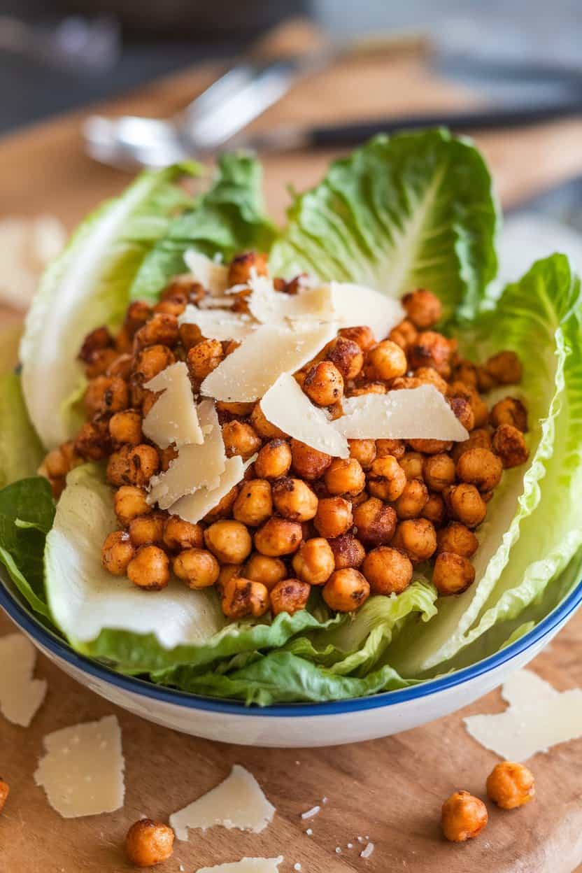 Indoor image of romaine leaves topped with crunchy roasted chickpeas, shaved Parmesan, and light Caesar dressing. No text or logos