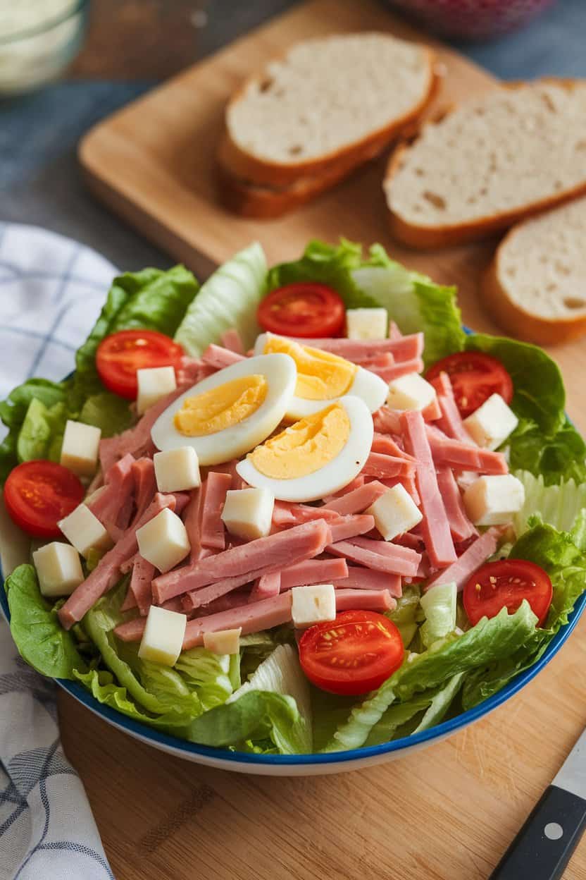 Indoor scene of romaine topped with julienned ham, cubed Swiss cheese, hard-boiled egg slices, and cherry tomatoes. No text or logos.