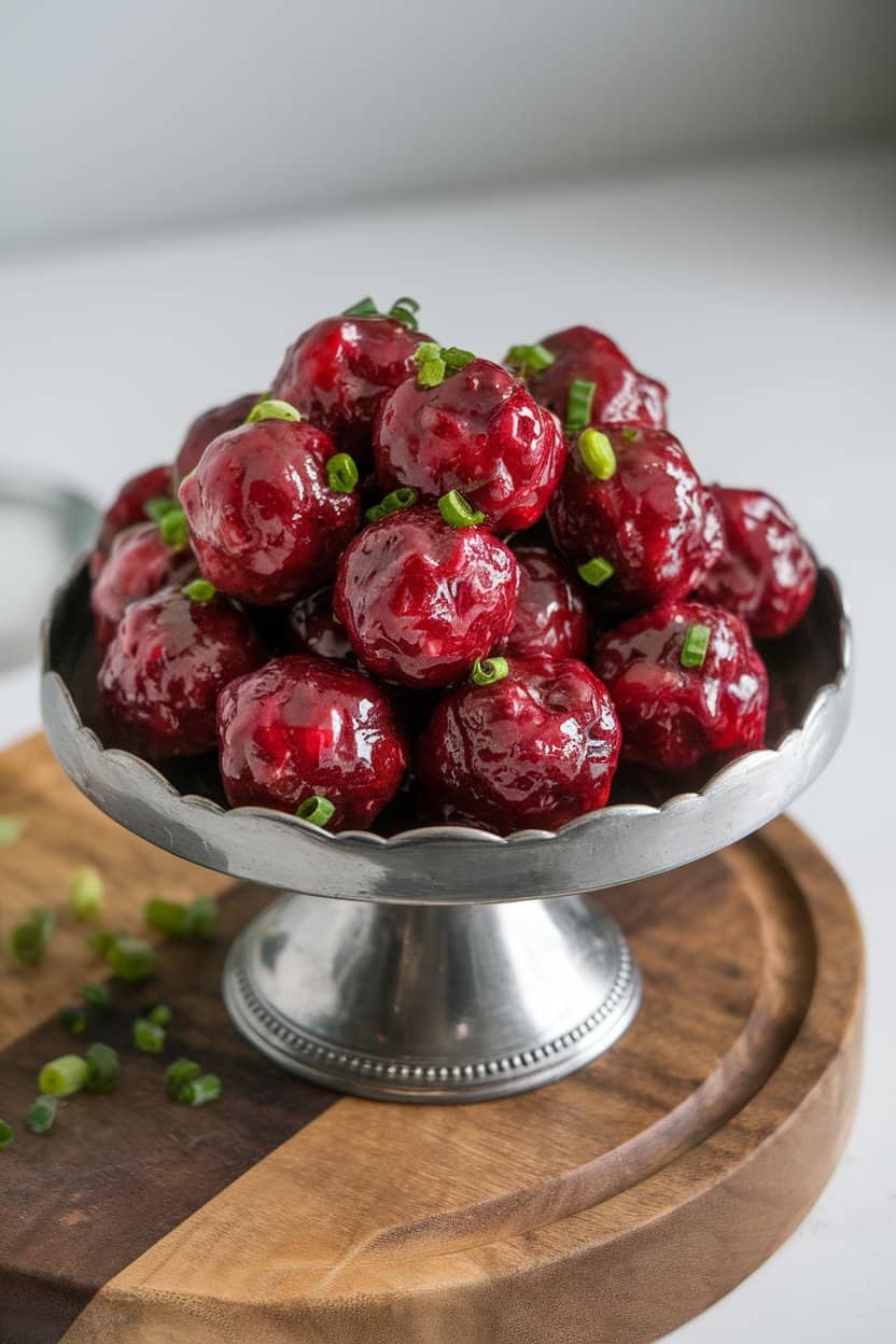 Indoor serving platter of glossy cranberry-coated meatballs garnished with chopped green onion. No text or logos
