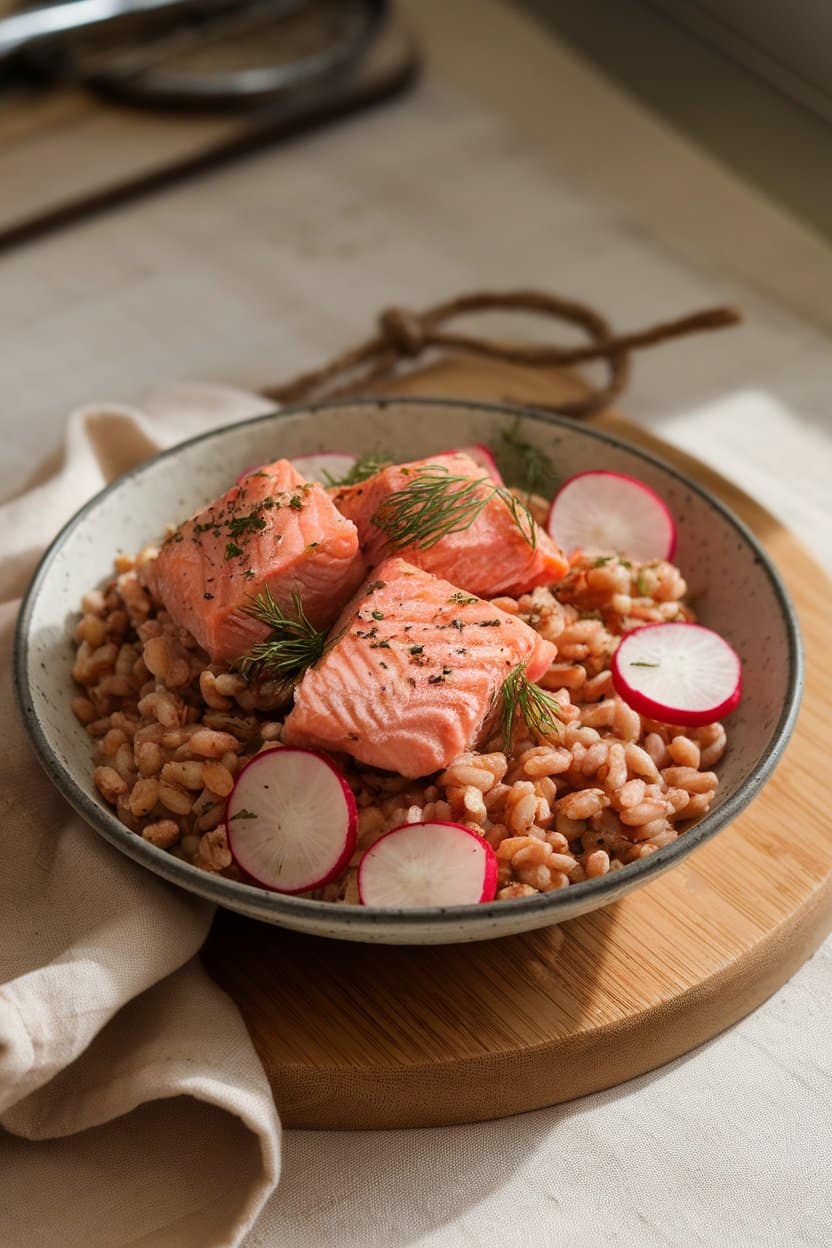 : Soft indoor lighting on a shallow bowl of flaky baked salmon chunks, cooked farro, chopped dill, and sliced radishes. Photo only, no text or logos.