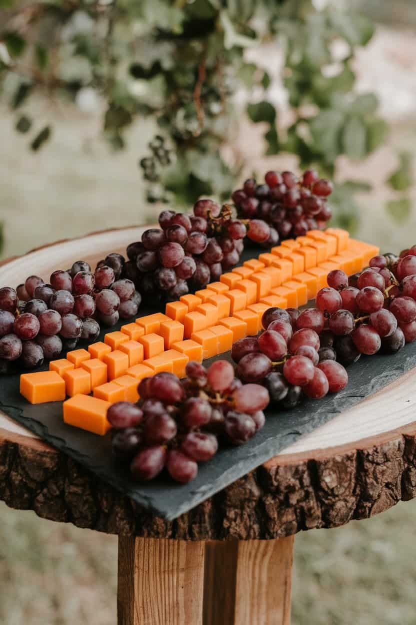  Indoor tabletop with alternating rows of cheddar cubes and red seedless grapes on a small slate board. No text or logos present.