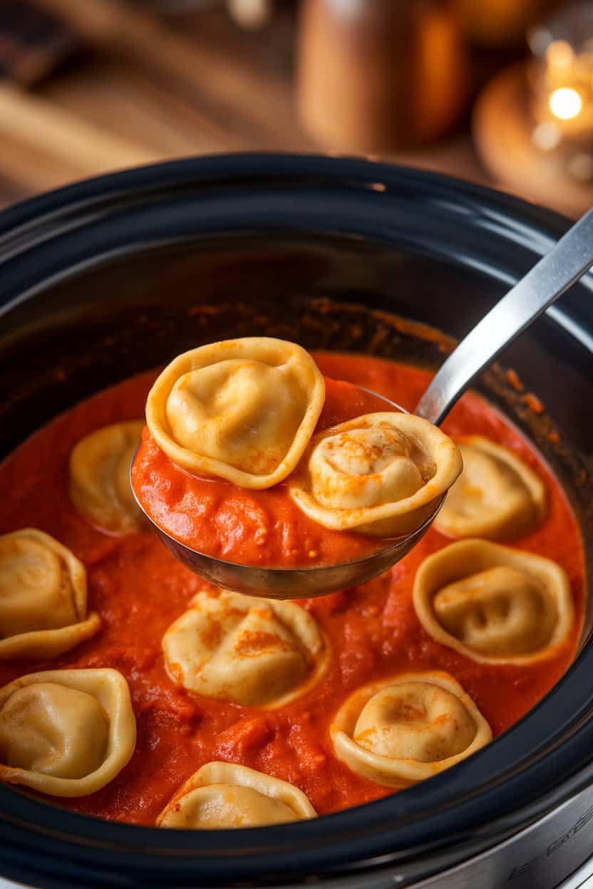 A warmly lit indoor scene with a ladle lifting cheesy tortellini out of a creamy tomato sauce in the slow cooker. No text or logos visible