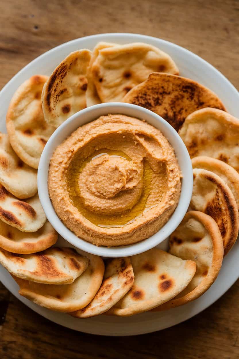 A small indoor serving bowl of creamy hummus with a drizzle of olive oil, surrounded by crisp pita chips on a white plate. Even lighting, no visible text or logos.