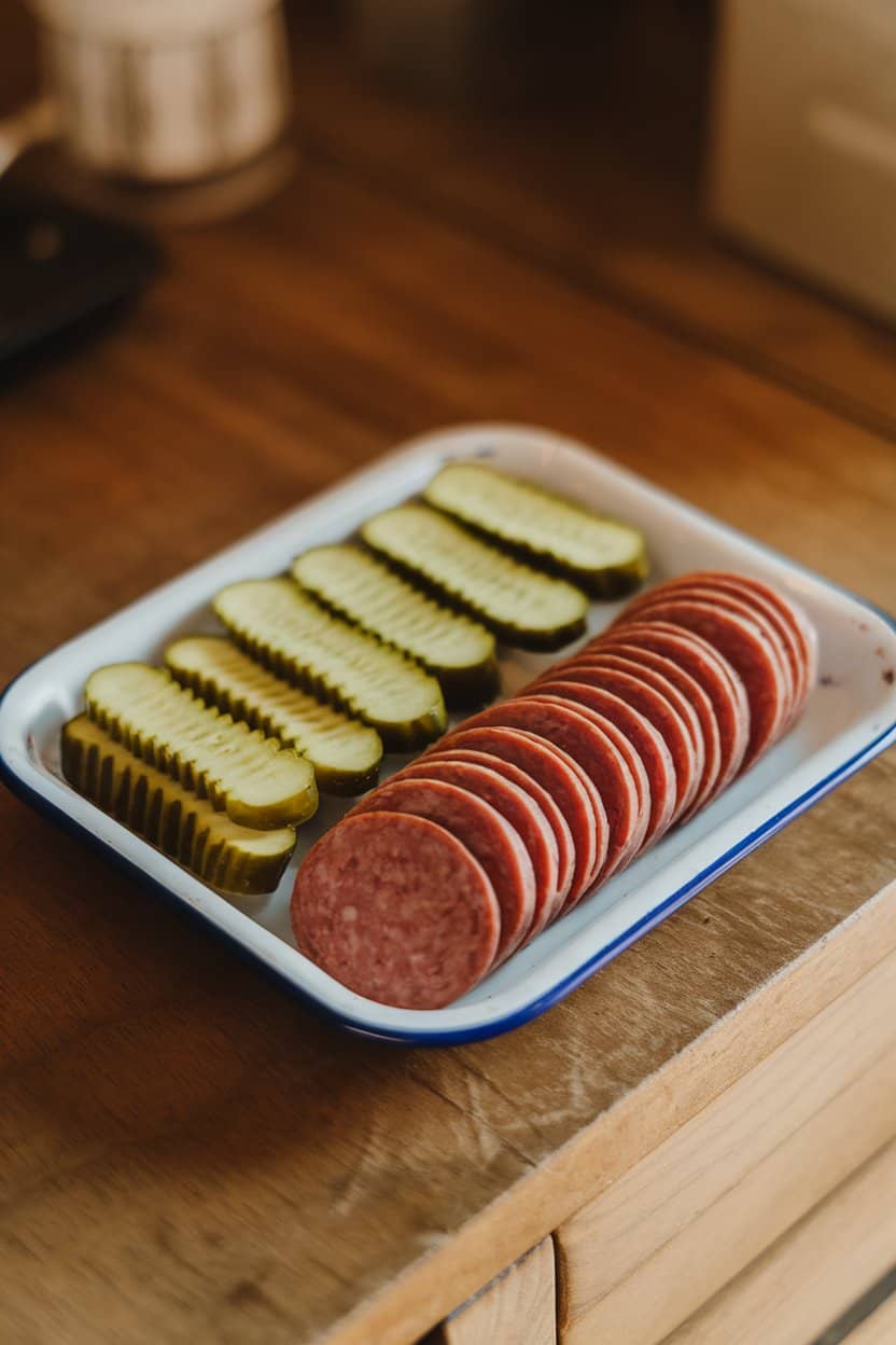 Indoor tabletop with thin coins of cooked smoked sausage next to ridged dill pickle slices on a small enamel tray, soft warm lighting. Absolutely no text or logos