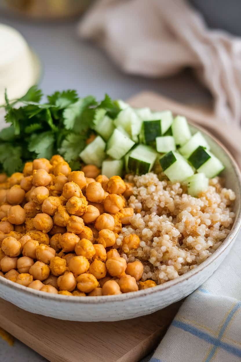 Indoor bowl showing turmeric-hued chickpeas, quinoa, diced cucumber, and cilantro. No text or logos.