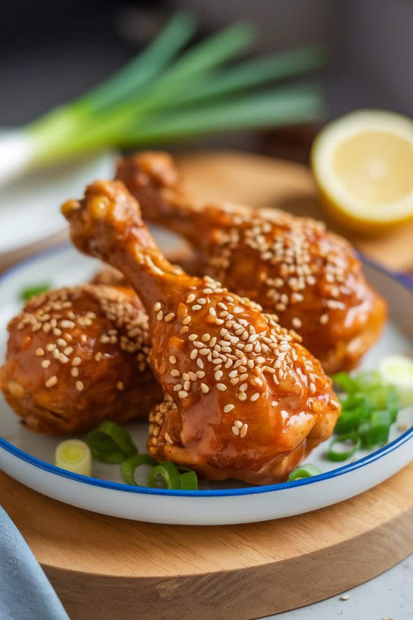 Warm indoor plate with glazed chicken drumsticks sprinkled with sesame seeds. No brand identifiers