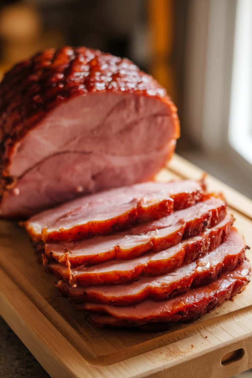 : A warmly lit indoor carving board holding glazed slices of cooked ham, maple sheen visible. No labels or logos anywhere