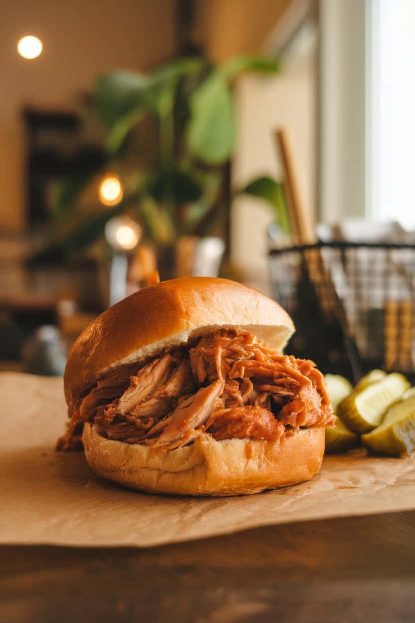 A warmly lit indoor counter with a brioche bun overflowing with saucy pulled chicken, pickles on the side. No logos present