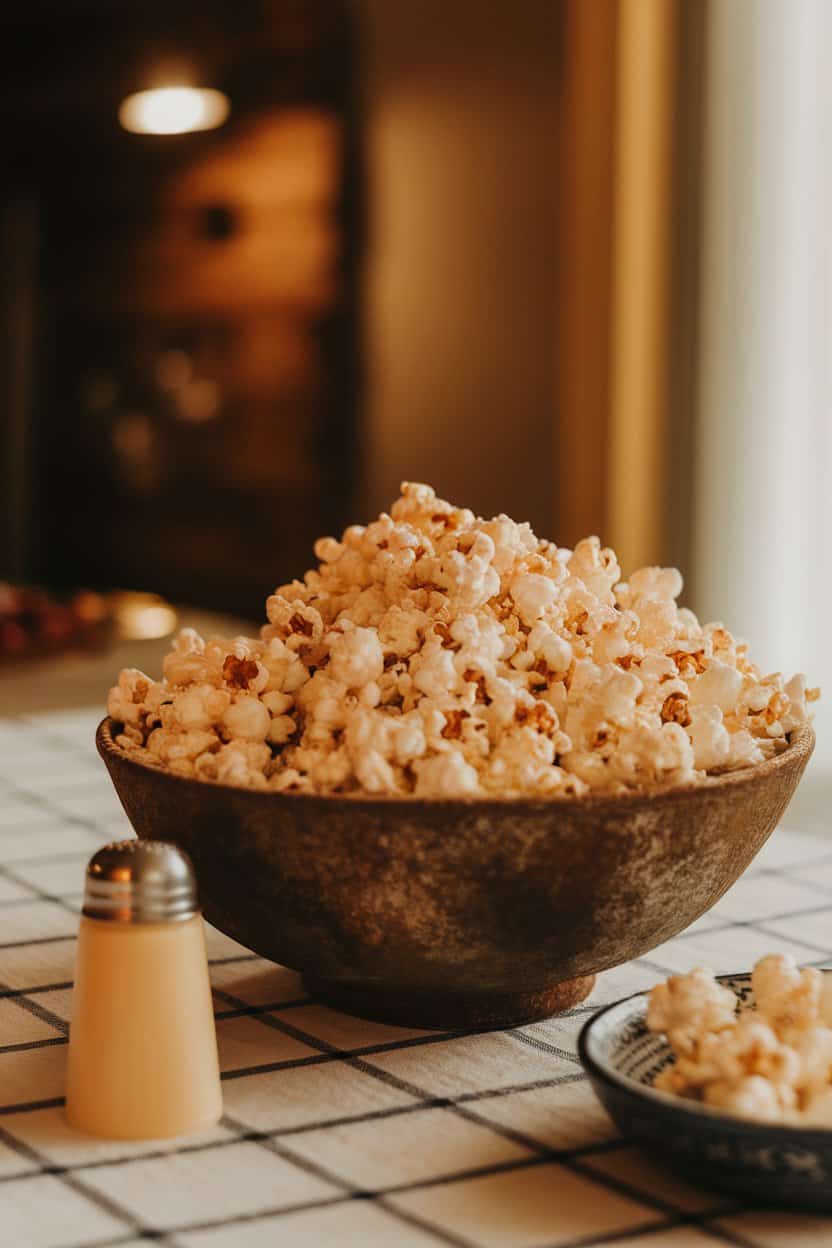 Warmly lit indoor table with a rustic bowl overflowing with buttered popcorn dusted in grated Parmesan, a small cheese shaker nearby. No logos or text.