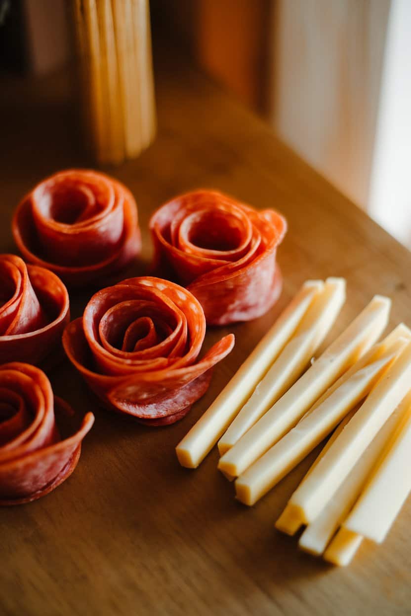 A warmly lit indoor table showing folded pepperoni slices shaped into simple “roses” next to peeled string-cheese sticks cut in half for easy grabbing. No text or logos anywhere in frame.