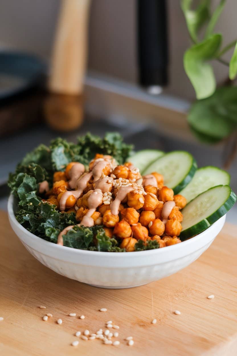 Indoor photo of a white bowl containing massaged kale, roasted chickpeas, cucumber slices, and a drizzle of tahini dressing. No logos