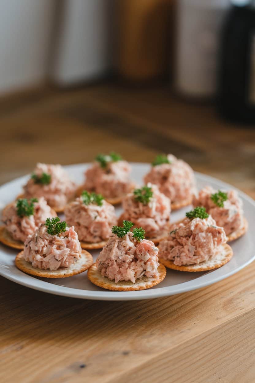 : An indoor tabletop with small mounds of tuna salad spooned into sturdy round crackers, garnished with tiny parsley leaves. No branding or text anywhere