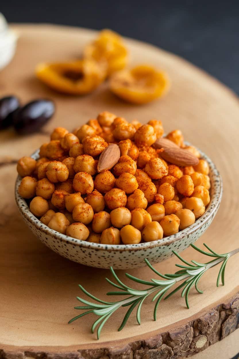  Indoor scene with a shallow bowl of spiced roasted chickpeas mixed with whole almonds, placed on a wooden board. No text or logos anywhere