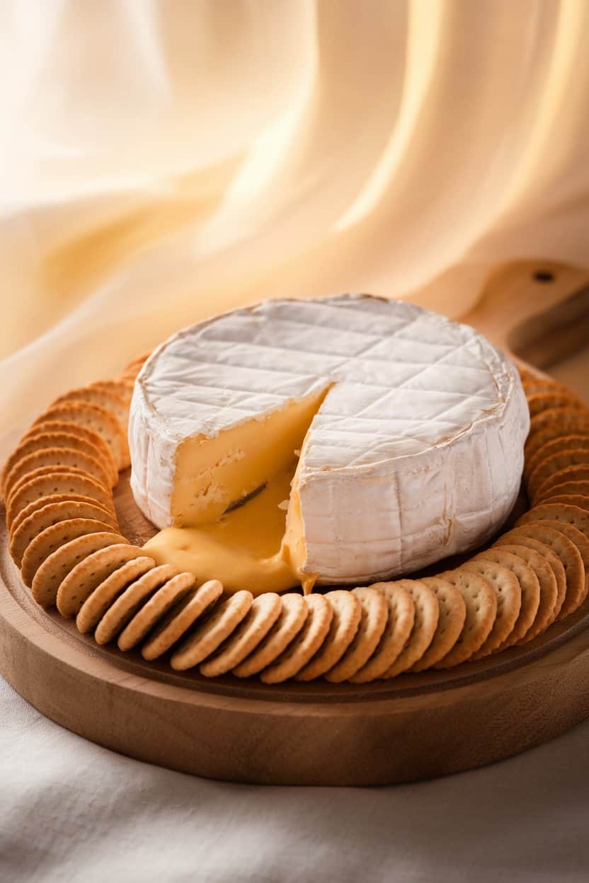 A softly lit indoor scene showing a small wheel of baked Brie just starting to ooze onto a ring of plain round crackers on a wooden board. No text or logos in view