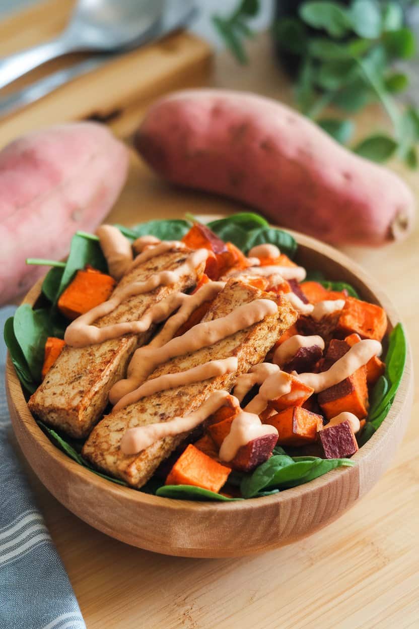 Indoor scene featuring a bowl of roasted sweet potato cubes, marinated tempeh strips, baby spinach, and a drizzle of peanut sauce. No logos or text