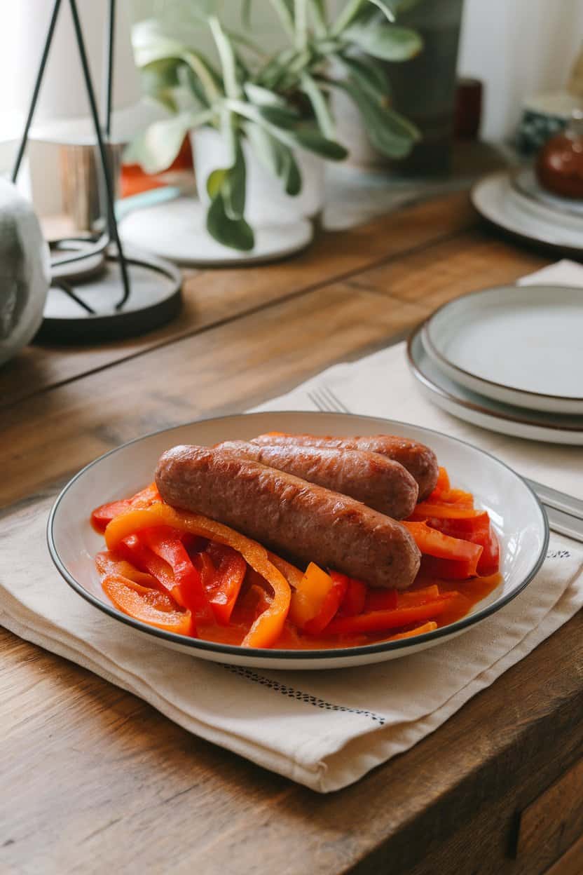 Indoor dining table displaying cooked sausage links nestled among bell pepper strips in tomato sauce. No text or logos