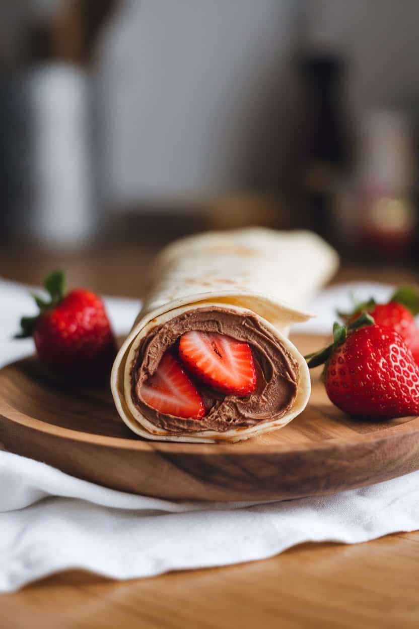 A wooden indoor plate with rolled flour tortillas showing a swirl of chocolate-hazelnut spread and sliced strawberries inside. Soft neutral lighting, no text or logos.
