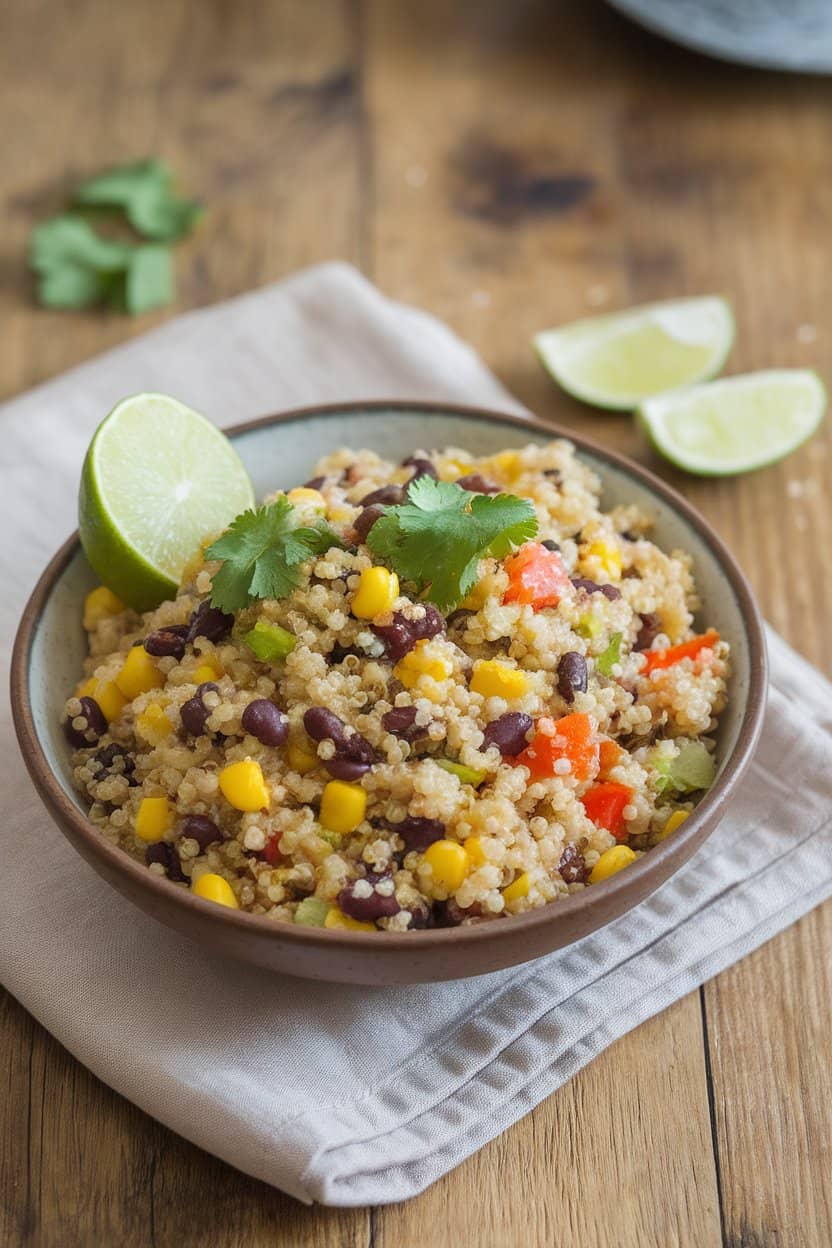Indoor table featuring a bowl of fluffy quinoa mixed with black beans, corn, diced bell peppers, and cilantro, lime wedges on the side. No logos or text