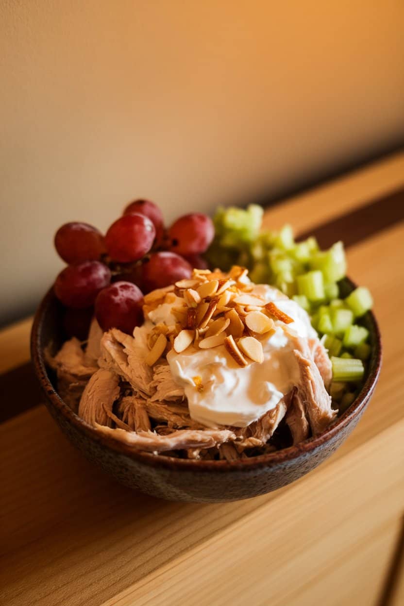 Indoor bowl of shredded chicken mixed with Greek yogurt, red grapes, celery bits, and slivered almonds. No logos or text.