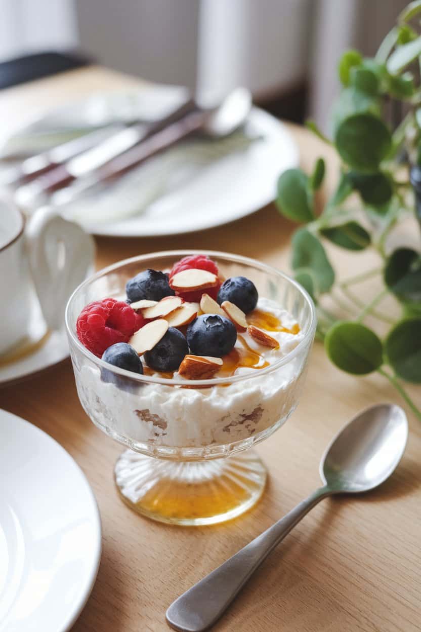 Indoor breakfast table showing a glass bowl of cottage cheese topped with fresh berries, sliced almonds, and a drizzle of honey. No text or logos