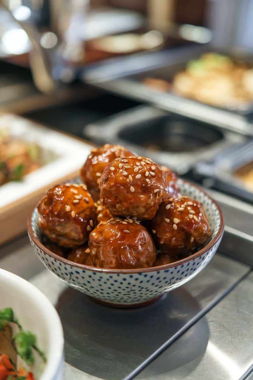 An indoor buffet table showing a small bowl of glistening teriyaki meatballs sprinkled with sesame seeds. No brand names present.