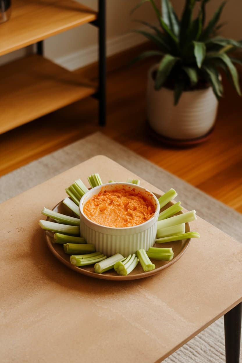 An indoor coffee table with a ramekin of bubbling, orange-tinted dip surrounded by celery sticks. No text or logos in sight.