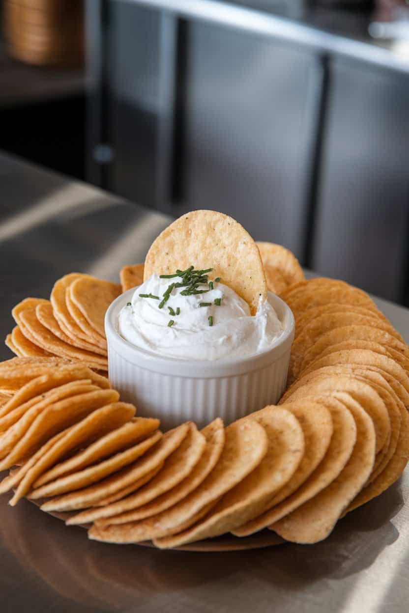 An indoor counter showing golden bagel chips fanned around a ramekin of whipped cream cheese sprinkled with chives. No logos or text.