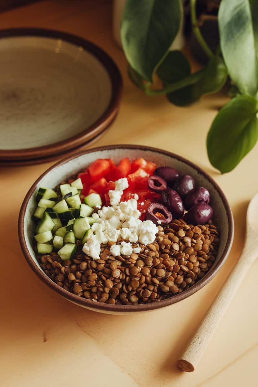 An indoor countertop scene showing a bowl of cooked brown lentils mixed with diced cucumbers, tomatoes, kalamata olives, and crumbled feta. Photo only, no logos