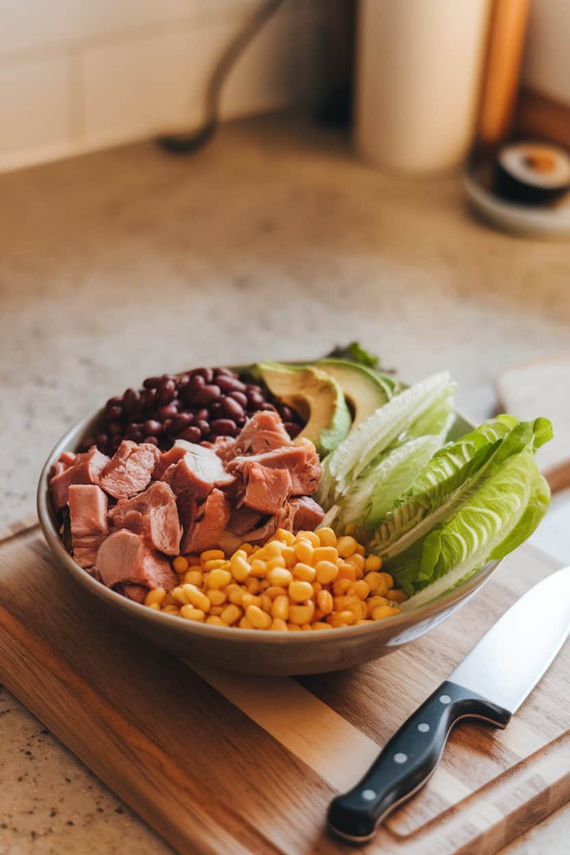 Indoor countertop scene with a bowl filled with smoked turkey chunks, pinto beans, corn, avocado, and romaine ribbons. Photo only, no logos
