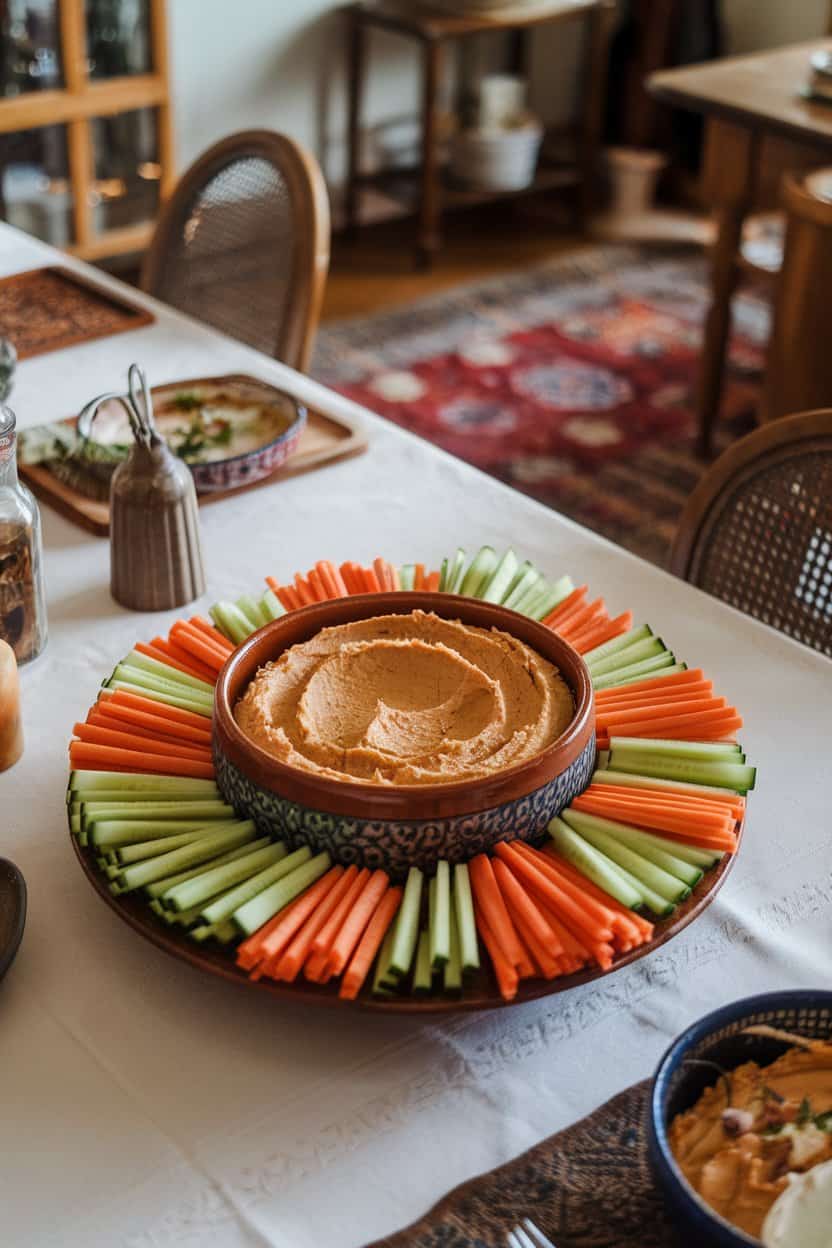  An indoor dining table featuring a ceramic bowl of hummus surrounded by neatly arranged carrot and cucumber sticks. No visible branding or text.