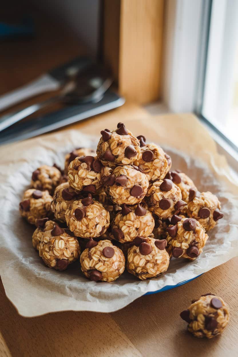 An indoor plate lined with parchment and piled high with round oatmeal energy bites dotted with chocolate chips. Soft window light, no text or logos present.