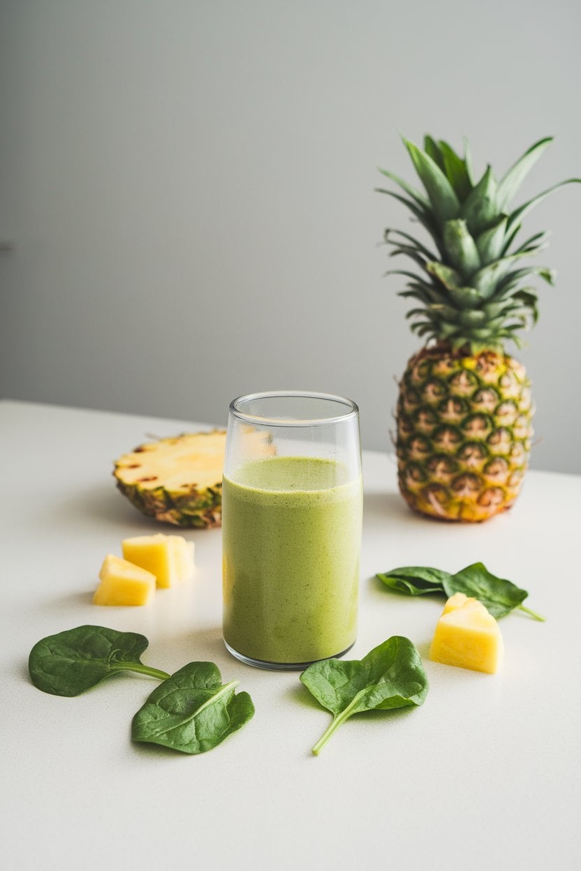 Indoor countertop with a vibrant green smoothie in a clear tumbler, a few spinach leaves and pineapple chunks artfully scattered around. No text, logos, or outdoor elements; photo only.