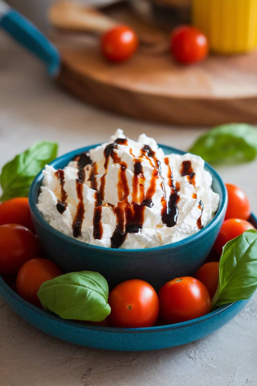 Indoor tabletop with a bowl of cottage cheese bordered by cherry tomatoes, basil leaves, and balsamic drizzle. No logos or text.