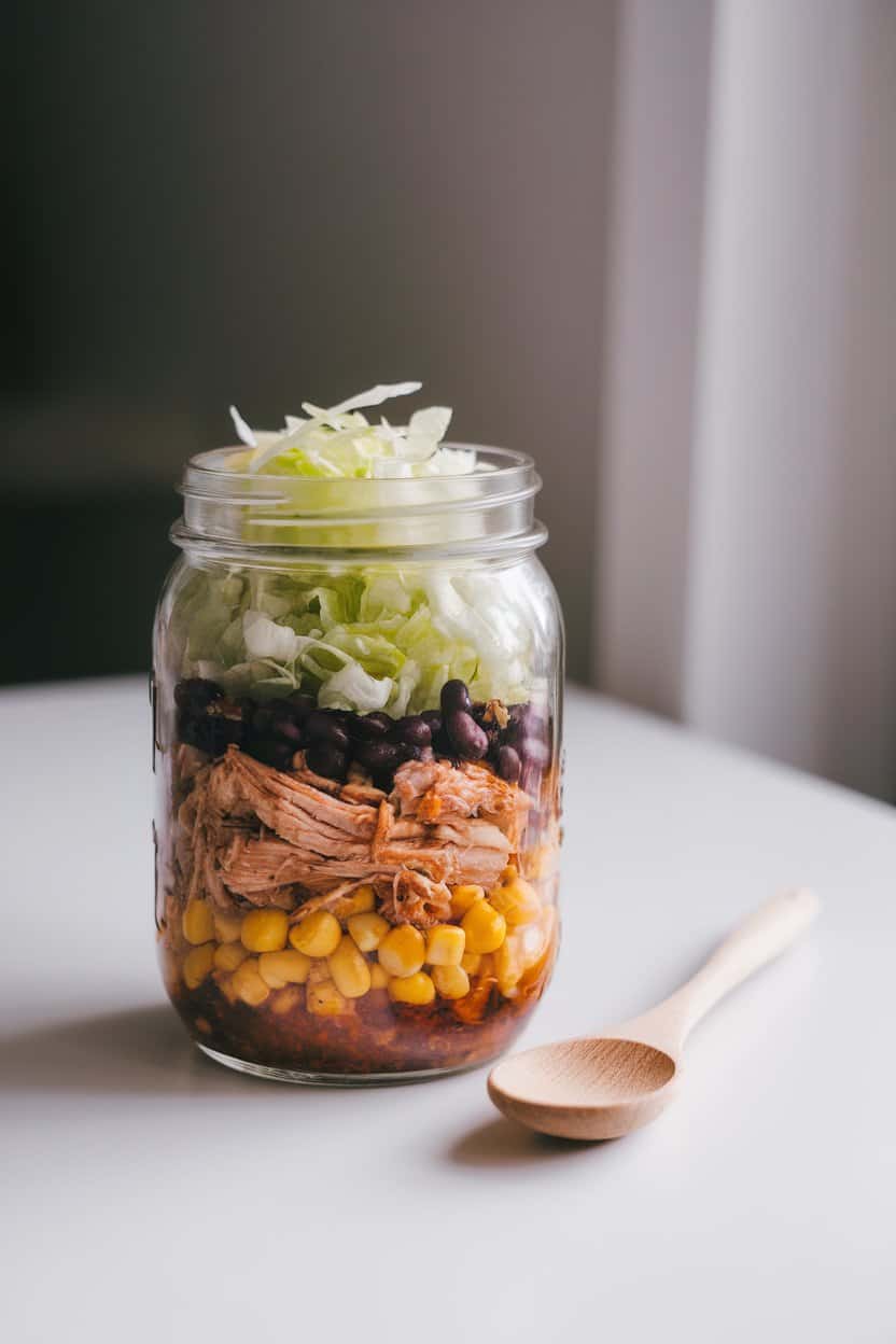 Indoor tabletop featuring layers of barbecue pulled chicken, corn, black beans, and shredded lettuce inside a clear mason jar. Photo only, no logos