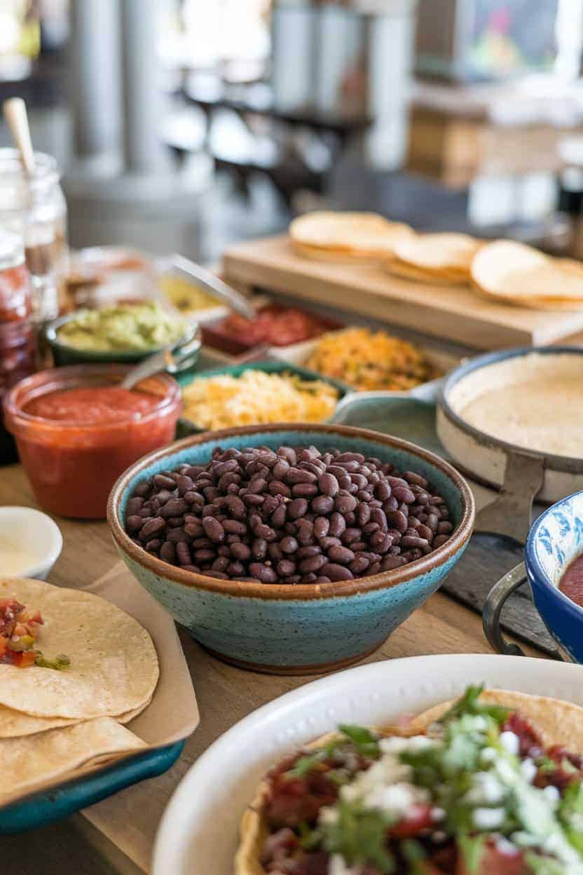 Indoor taco bar scene with a bowl of seasoned black beans ready for spooning into tortillas. No text or logos visible.