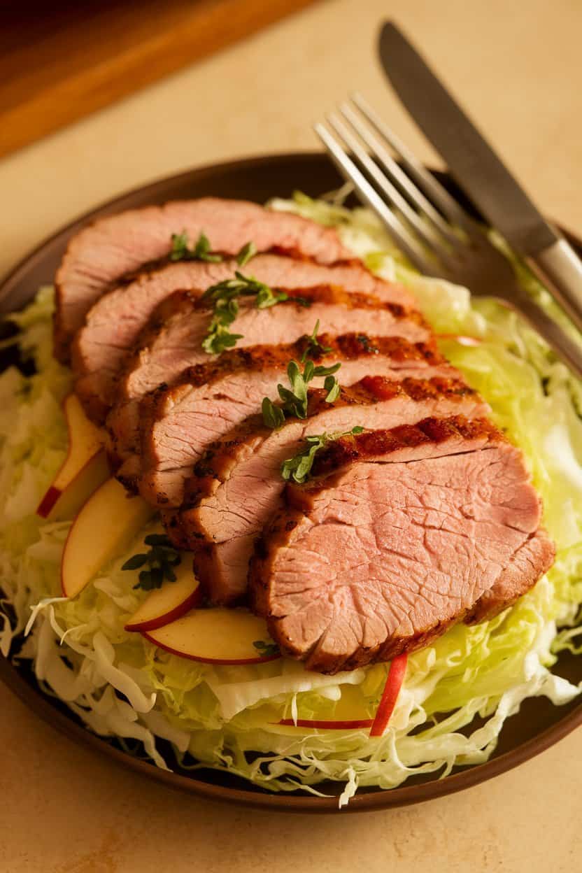 Warm indoor image of sliced grilled pork tenderloin atop shredded cabbage and apple slaw, garnished with fresh herbs. No text or logos.