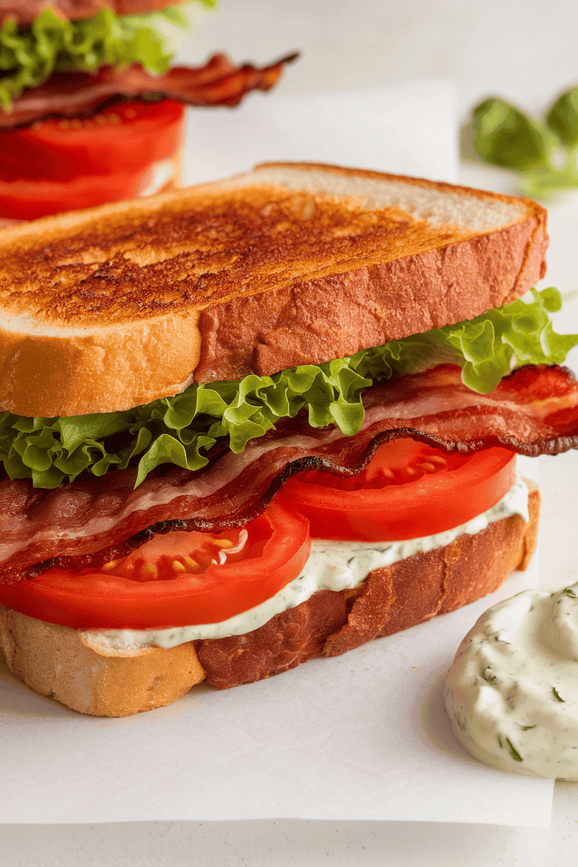 Indoor photo of a classic BLT featuring crispy bacon, lettuce, tomato, and basil flecked mayo, no text or logos.